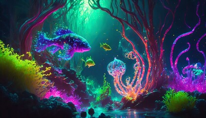 Fototapeta na wymiar Fancy, neon illustration with fish and underwater vegetation