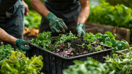 Fototapeta premium Families making compost from food waste