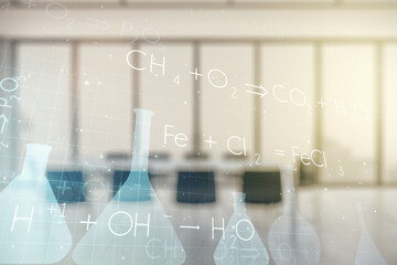 Abstract virtual chemistry illustration on a modern coworking room background, science and research...