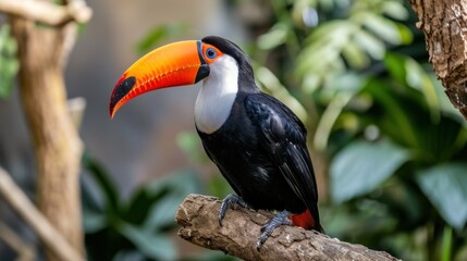 Naklejka premium a toucan sitting on a tree branch in a tropical setting with greenery and trees in the background.