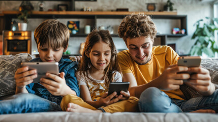Whole family watching funny video on their smartphone at home. Siblings sitting on sofa spending time together with gadget. Technology, leisure time lifestyle concept