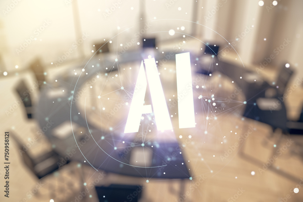 Poster abstract virtual artificial intelligence symbol hologram on a modern conference room background. mul