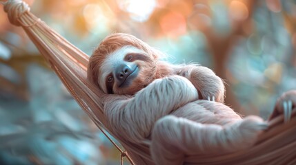 Sleepy sloth pillow lounging in a hammock in a pastel color palette shot from a bird s eye view