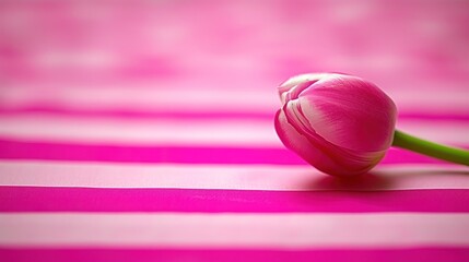 a single pink tulip sitting on top of a pink and white striped table cloth on a pink and white striped tablecloth.