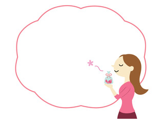 匂い袋の香りを楽しむロングヘアの女性　フレーム付　主線なし