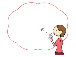 匂い袋の香りを楽しむショートヘアの女性　フレーム付　主線あり