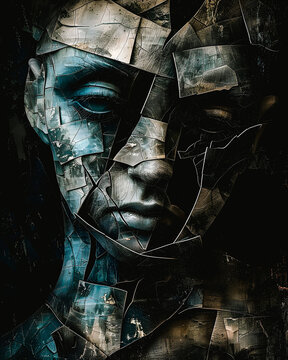 Visage, statue se s&eacute;parant en divers morceaux sur fond noir
