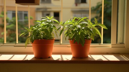 two potted plants sit on a window sill in front of a window with a building in the background.