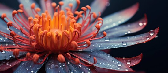 A detailed close-up view of a flower with vibrant colors, showcasing water droplets glistening under the sunlight. The intricate details of the petals and droplets are highlighted in this captivating