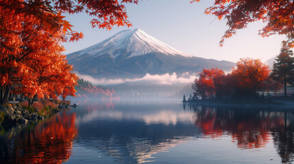 Colorful Autumn Season and Mountain Fuji with morning fog and red leaves at lake Kawaguchiko is one of the best places in Japan.