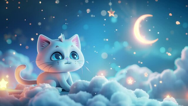 Cute cartoon animal, 3d art style, bokeh background. Stylized little kitty on the cloud. Moon and stars, sweet dreams, night concept. banner, backdrop. Cute character for kids, looped animation