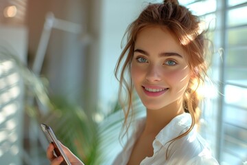 Radiant Young Woman with Smartphone in Sunlit Room
