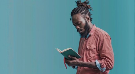 Thoughtful Man Reading a Book Against Blue Background