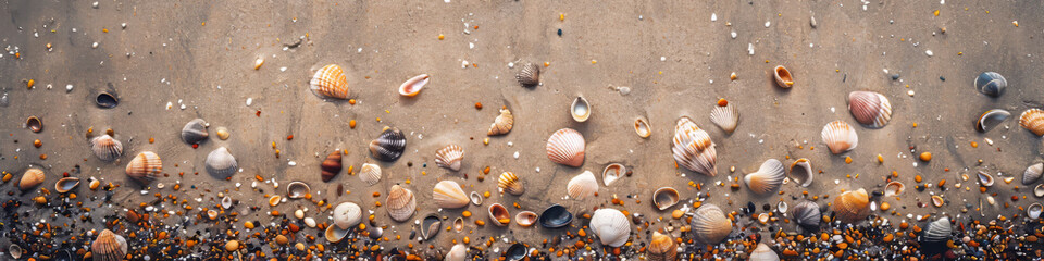 Aerial view of beach sand with seashells scattered around. Ideal for seaside resort advertisements, travel blogs, or nature-themed designs.