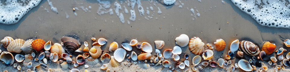 Fototapeta na wymiar Top-down view of beach sand with scattered shells. Perfect for travel brochures, beach vacation promotions, or coastal-themed websites.