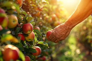 Sunlit orchard scene captures the essence of apple harvesting, with farmer's hand reaching for ripe fruits. Perfect for nature-inspired marketing or agricultural blogs. - obrazy, fototapety, plakaty