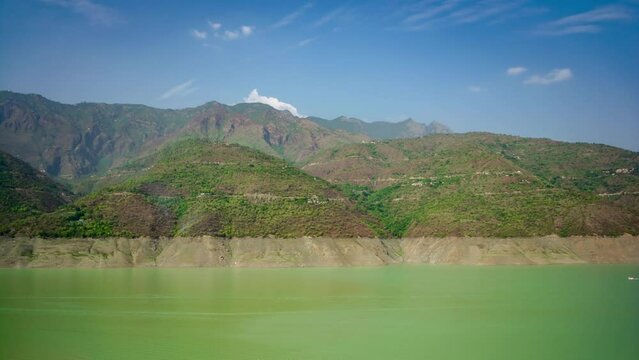 4K Timelapse of Tehri lake surrounded by mountains in Uttarakhand, india, Tehri Lake is an artificial dam reservoir. clouds swirl in blue sky at Sunset.