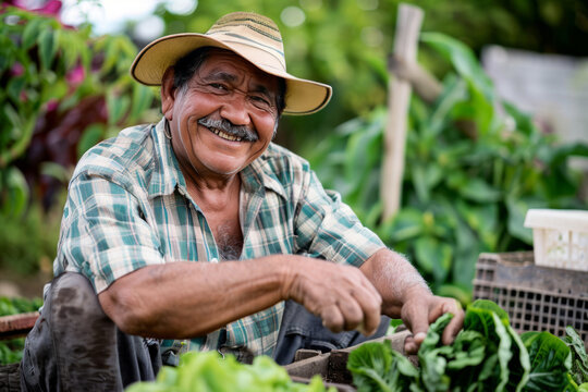 A cheerful Latino man tends to his backyard vegetable garden with a warm smile. Perfect for multicultural gardening promotions or lifestyle magazines celebrating diversity.