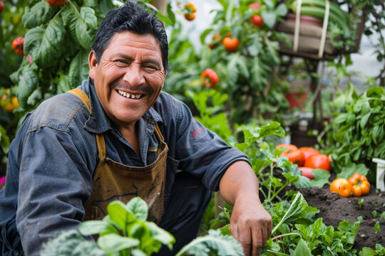Smiling Latino gardener nurtures his backyard vegetable patch, highlighting diversity in sustainable living. Suitable for eco-conscious campaigns or gardening catalogs.