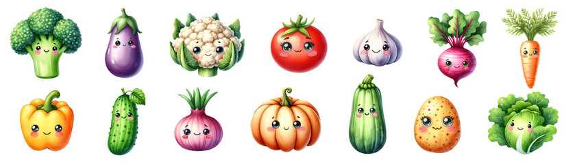Cute watercolor vegetables. Funny character set. Happy vegetables illustration. Generative AI.									
 - obrazy, fototapety, plakaty