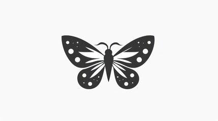 a black and white butterfly with spots on it's wings and wings spread out, on a white background.