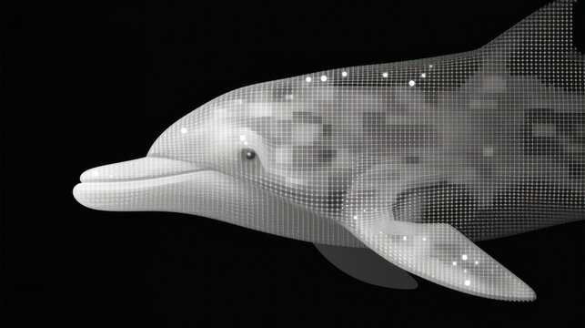 a black and white photo of a dolphin's head with dots in the shape of a whale's mouth.