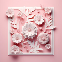 White paper square shape with various paper flowers on a pink background, in origami style, handmade.