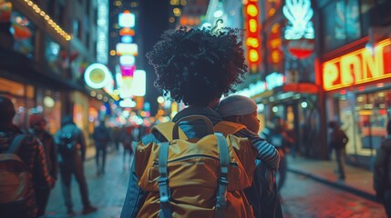 Obraz premium Mother and Baby in Neon-Lit City - Urban Evening Walk