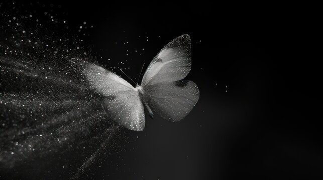 a black and white photo of a butterfly flying in the air with bubbles of light coming out of its wings.