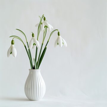 snowdrops in a white vase on the table.