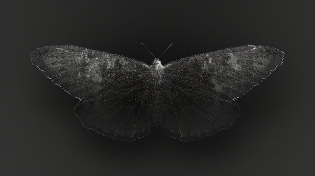 a black and white photo of a butterfly on a black background with water droplets on the wings and back of it's wings.