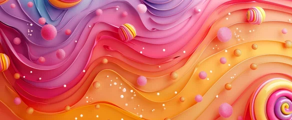 Abwaschbare Fototapete Backstein Vibrant abstract candy landscape with swirling patterns and textured spheres.