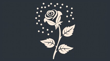 a black and white drawing of a rose with leaves and dots on a dark background with the word love written below it.