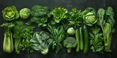  Green salads, broccoli, cabbage, dill, basil, zucchini, radish on a solid background