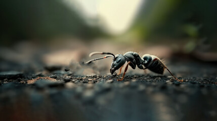a close up of an ant on the ground with the word ant in the middle of the ant's legs.