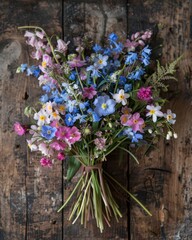 Colorful wildflower assortment against dark wood. Natural bouquet of mixed field flowers on rustic backdrop.