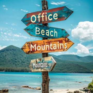 Directional signs to office beach and mountains against a clear sky. Weathered direction post pointing to office, beach, mountains. Choice of destination office, beach or mountains on signpost.