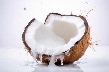 A half cut coconut with water dripping from it