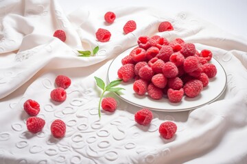 A plate of red raspberries is on a white cloth