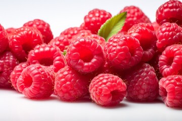 A bunch of red raspberries with a green leaf on top