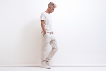 A man in a white shirt and khaki pants stands in front of a white wall