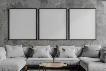 Set of three empty frames for wall art mock up. Modern living room with grey couch and coffee table. - obrazy, fototapety, plakaty