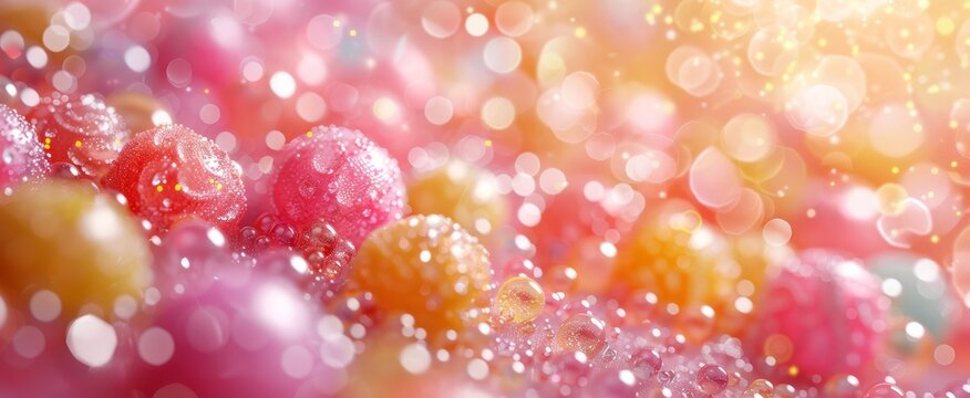 Dreamy bokeh effect over sparkling dew-covered candies in shades of pink and yellow.