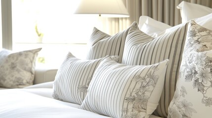 a bunch of pillows on a bed with a lamp on the side of the bed and a window in the background.