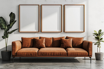 Living room with brown couch and set of three framed pictures. Contemporary interior for wall art mock up.