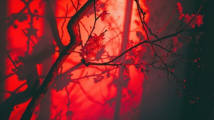 a close up of a tree branch with red light coming through the branches and a red light coming through the window behind it.