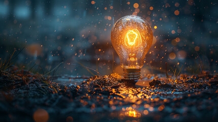 Witness the birth of groundbreaking ideas as a luminous light bulb emerges from a sea of darkness, its brilliance symbolizing the power of innovation - obrazy, fototapety, plakaty