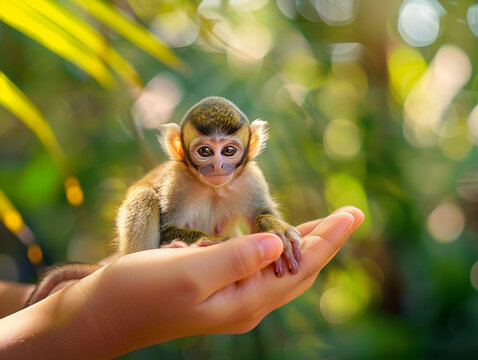 Tiny, living macaque monkey settled in the palm and looks slyly at the camera, against a backdrop of rainbow tropical flares

