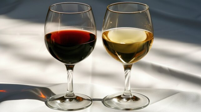 two glasses of wine sitting next to each other on a white tablecloth with a shadow of a sheet behind them.