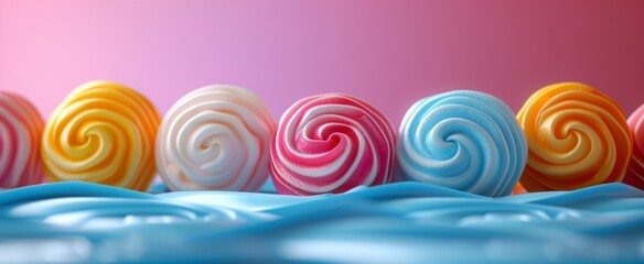 A row of colorful lollipops with swirling designs on a pastel pink and blue background.